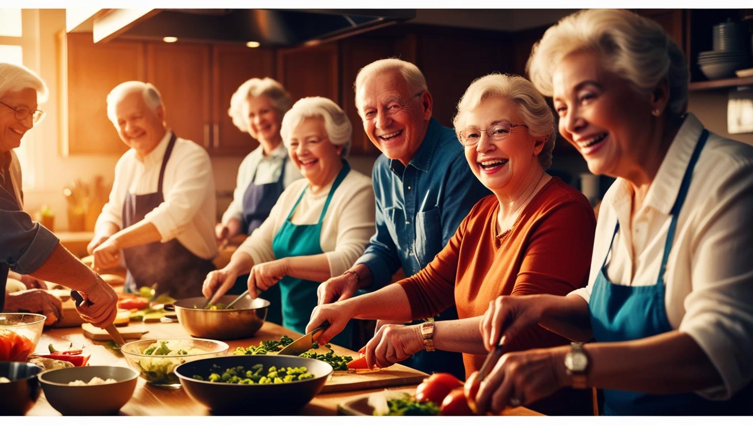 Senior adults learning cooking techniques in a cooking class